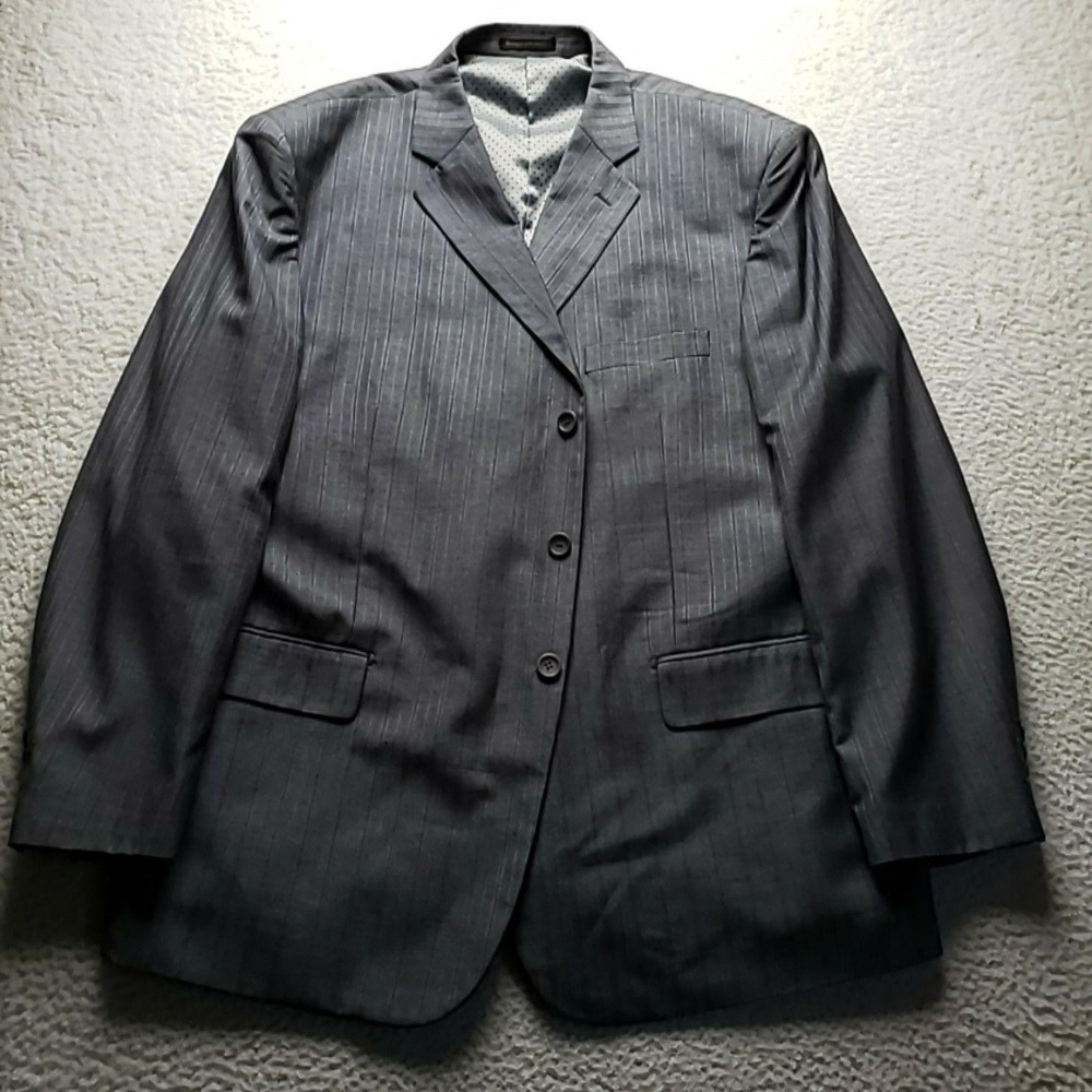 Vinci Suit Jacket Blazer Mens 52R Gray Pinstripe Polyester Rayon 3 Button Lined